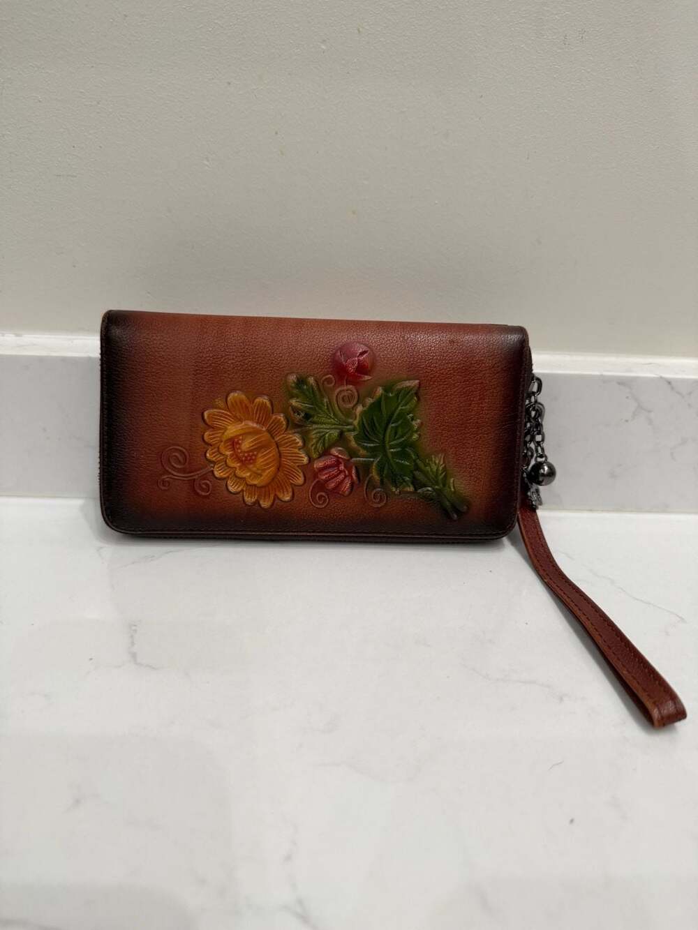 Handmade Embossed Floral Genuine Leather Women's Long Zip-Around Wristlet Wallet